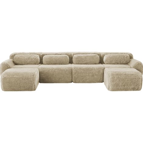 Divano modulare a U in tessuto effetto velluto, senza montaggio, beige chiaro (1/5)