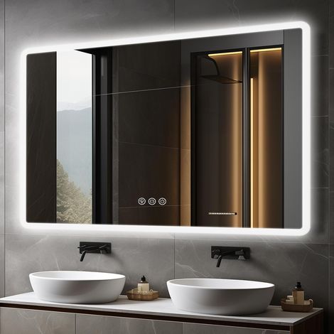 100×70cm Miroir Salle de Bain avec Éclairage, Miroir Mural avec Éclairage Frontal, avec Fonction Antibuée, Dimmable, avec 3 Couleurs Lumière (1/5)