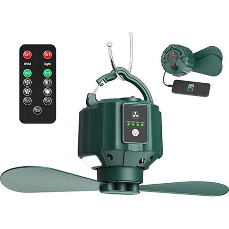 Ventilateur de plafond de camping, ventilateur de plafond de tente portable rechargeable USB 5200 mAh avec télécommande, ventilateur de camping, voyage, pêche, randonnée, barbecue