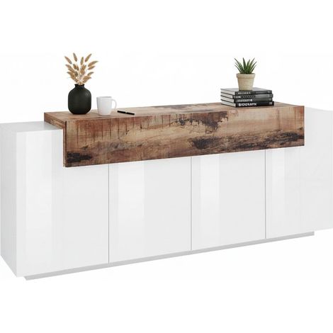 Dmora Credenza moderna a 5 ante, Made in Italy, Madia da cucina, Buffet di design da soggiorno, cm 200x45h86, colore Bianco lucido e Acero, con imballo rinforzato