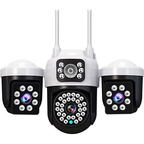 Caméra de surveillance WiFi 3 objectifs 3 écrans simultanés PTZ, caméra IP extérieure étanche IP66, 6MP, rotation horizontale 355° verticale 90°, vision nocturne infrarouge 10m, audio bidirectionnel (1/4)
