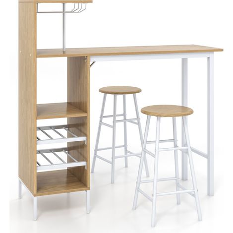 Set di tavolo sedie da bar con porta calici 6 portabottiglie da vino, Tavolo sgabelli da pub industriale Naturale (1/4)
