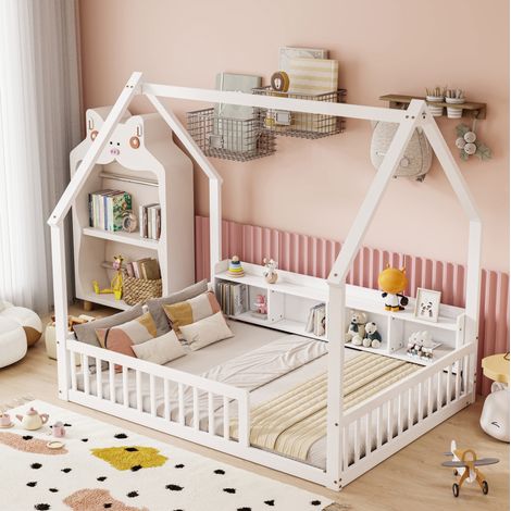 MODFU – Lit au sol cabane enfant 140x200 cm pin et panneaux – 4 étagères et barrières de sécurité – Charge 140 kg, 2 colis – Chambre – Blanc (1/5)