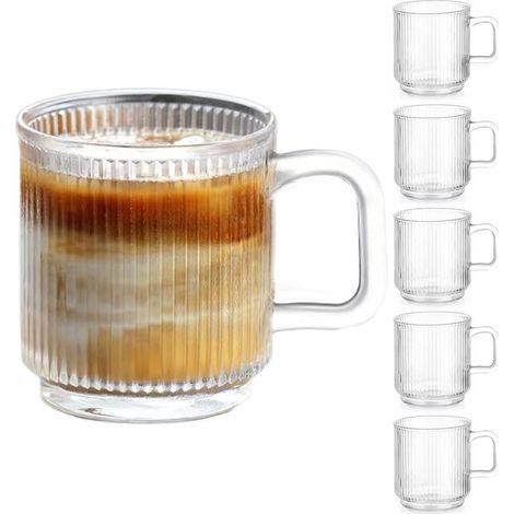 hochwertige Glaskaffeetassen mit Henkel, 350 ml (12 oz) klassische, vertikal gestreifte Glaskaffeetassen, durchsichtige Teetasse für heiße/kalte Getränke, Glaswarenset (1/5)