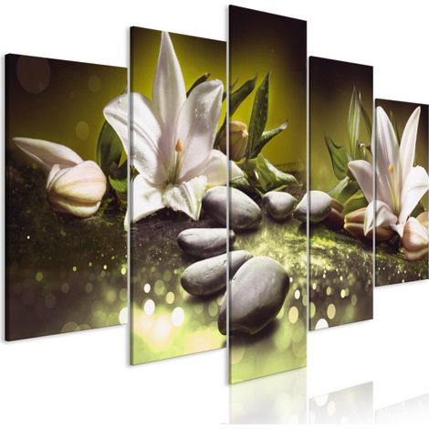 Tableau 5 Panneaux "Lilies & Stones Wide Green" 50 x 100 cm (1/2)