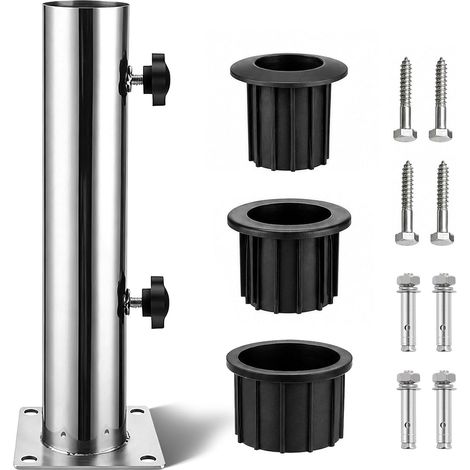 Pied de Parasol avec 3 Anneaux de Réduction en PVC (32/38/48 mm) et 8 Clous en Acier, Pièces de Rechange pour Terrasse, Jardin, Balcon, Bord de Piscine (Argenté) (1/5)