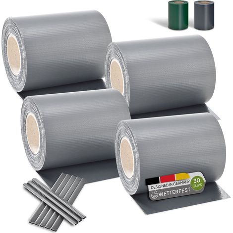 Juskys PVC Sichtschutzstreifen Doppelstabmatten Zaun 4er Set - 4 Rollen á 35m x 19cm - Befestigungsclips - Zaunfolie Sichtschutz Windschutz – hellgrau (1/5)