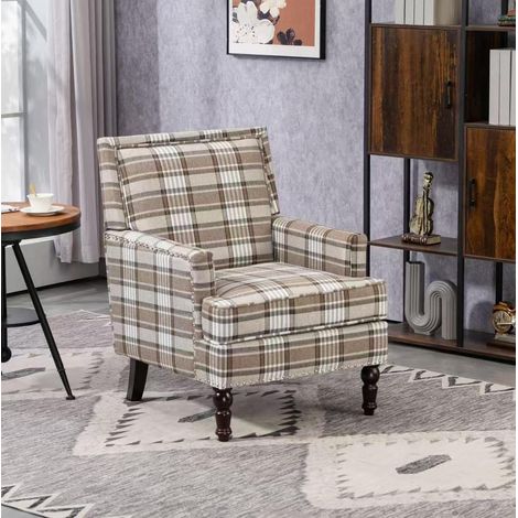 Poltrona accento, rivestimento a righe, imbottitura confortevole, struttura in legno, cotone lino marrone e bianco (1/5)