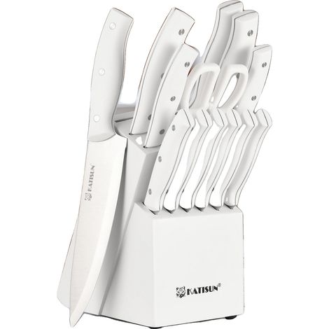 Juego de cuchillos de cocina, 15 piezas, soporte de madera incluido, blanco (1/5)