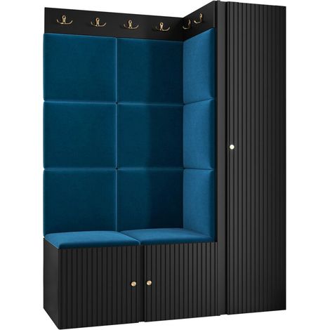 Meuble d'entrée Hartford 385, Noir, 186x124x46cm, MDF, Stratifié, Tissu, Murale, À poser