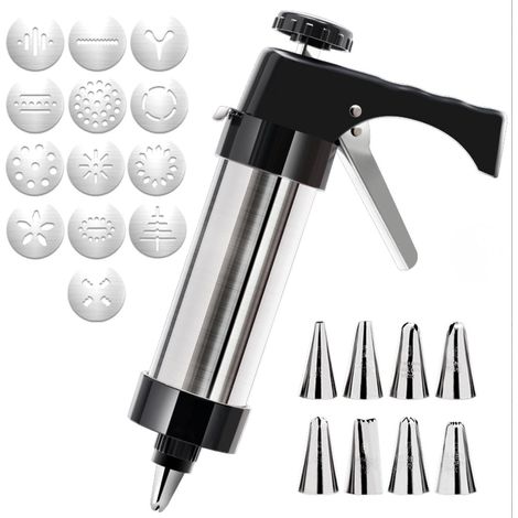 Ausstechform aus Edelstahl, Kekspresse-Set, 8 Spritztüllen und 13 Ausstechformen, Backzubehör, DIY-Kuchendekoration, Backen (schwarz) (1/4)