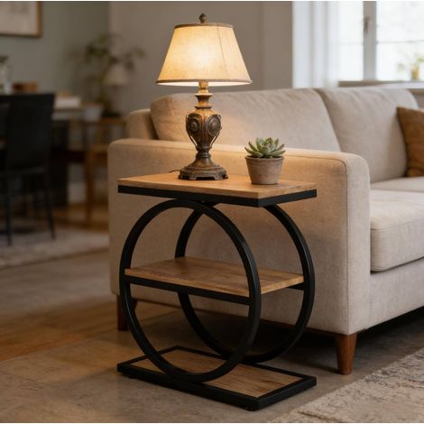 Table d'appoint à 3 niveaux noire et marron en MDF et métal, style industriel, gain de place (1/5)