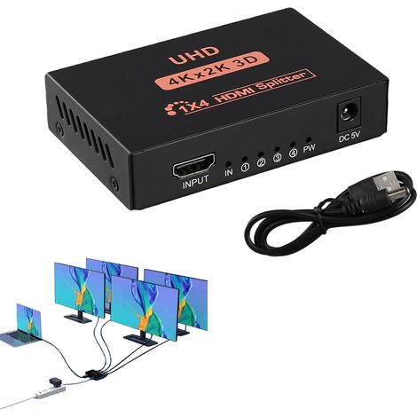 Compatible avec HDMI 1 Entrée 4 Sorties Répartiteur, Splitter 4K @30Hz, Full HD 1080p et 3D, Compatible avec TV, Moniteur, Projecteur, PC, Idéal pour Jeux, Cinéma Maison et Présentations (1/5)