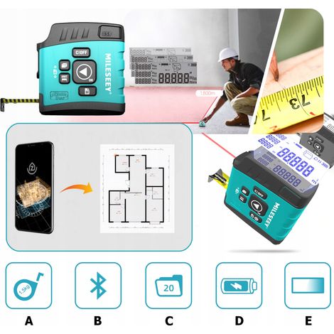 Telémetro láser TEL app 40m BT LCD cinta métrica 5m funciones de medición USB (1/5)