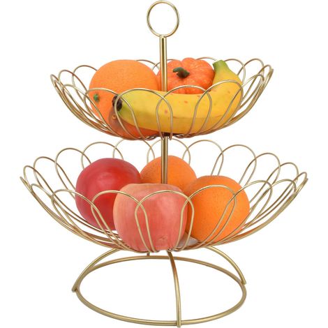 Corbeille à fruits à deux étages au design nordique moderne et géométrique, avec panier à fruits doré amovible pour la décoration. (1/5)