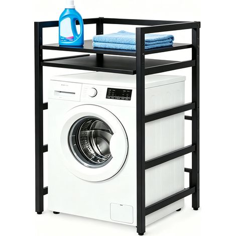 TolleTour Waschmaschinenregal für Trockner, Metallregal mit ausziehbarem Zwischenboden, obere Ablage bis 300 kg, Badezimmer, 3 Höhen 95/100/105 cm, Schwarz (1/5)