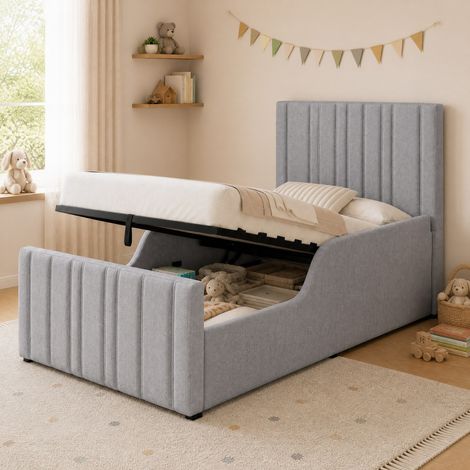 Cama con almacenaje 90x200 cm para niño con somier, cabecero, gris lino OKMYHOME (1/5)