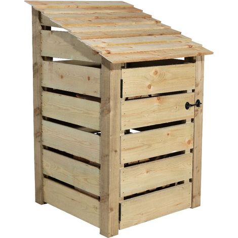 Wooden log store, Slatted timber storage with door and kindling shelf (W-79cm, H-126cm, D-88cm) natural finish