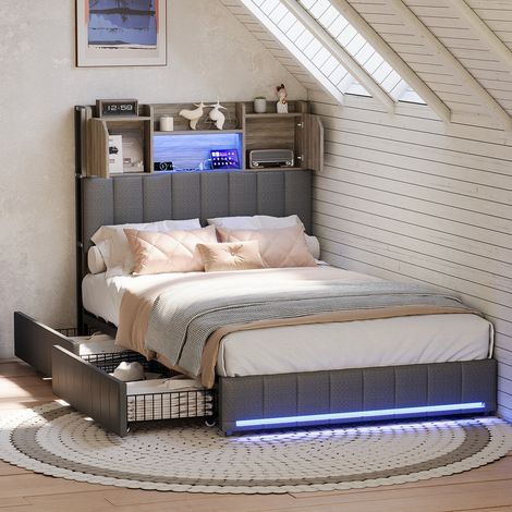 Lit Simple 90x200, Lit pour Adolescent avec LED et USB, Tete de Lit avec Rangement, Lit 1 Place avec 2 Tiroirs, Sommier à Lattes, Lin, Gris (1/5)