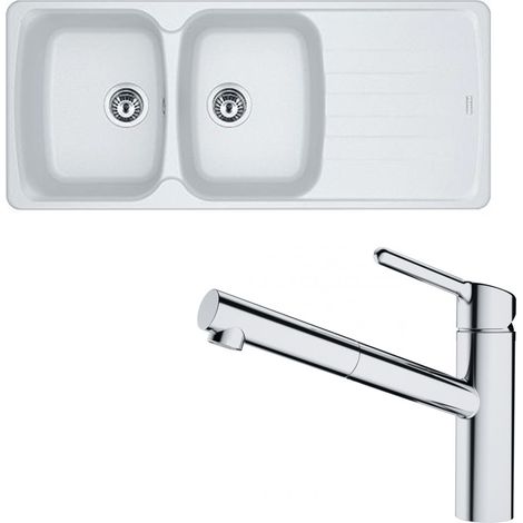 Pack évier Antea Fragranit blanc artic 1160 x 500 x 210 mm + mitigeur Orbit douchette - Franke (1/5)