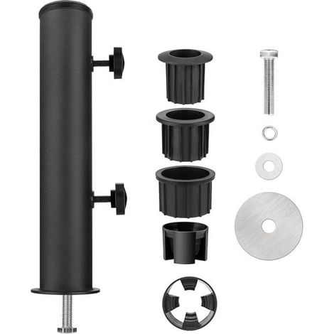 Base universale per ombrellone, completa di tubo di inserimento e manicotto di fissaggio per il palo, adatta per uso esterno e in giardino, colore nero. (1/4)