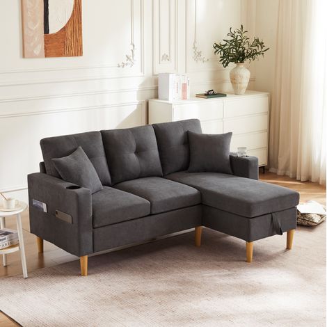 Sofá rinconera en L 175/129/90 cm gris oscuro, con chaise longue reversible, almacenaje y portavasos (1/5)