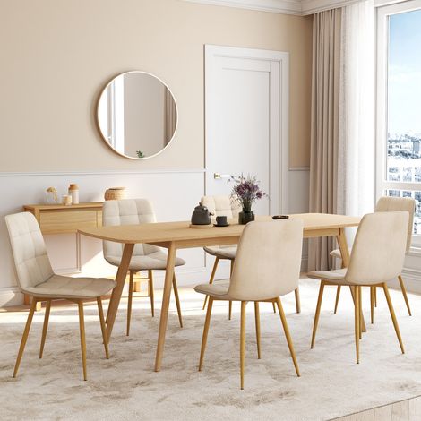 Lote de 6 sillas de comedor MILA de terciopelo beige con patas de efecto madera (1/5)