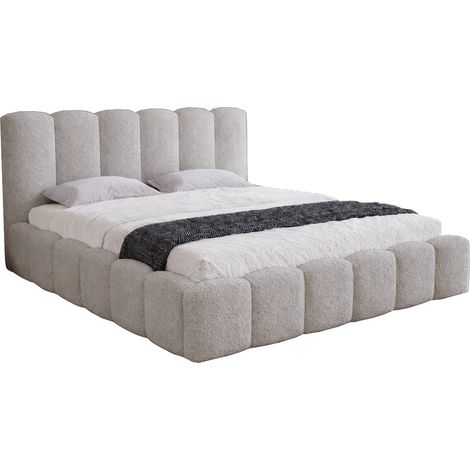 Lit capitonné 180x200 Florent avec cadre en métal - tissu bouclé, lit avec rangement - Gris clair (Lambi 11) (1/5)