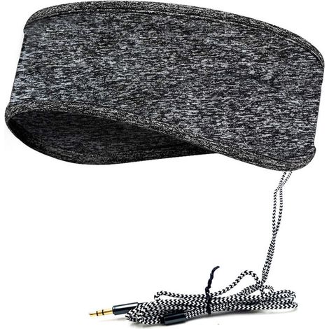Bandeau de sommeil musical gris – Écouteurs filaires 3,5 mm – Tissu polyester doux et respirant – Réduction sonore pour sommeil réparateur
