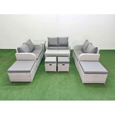Fimous PE Wicker Rattan Furniture Sofa Sets with Oblong Coffee Table Love Sofa 4 Stools Side Table Light Grey Mixed (1/4)