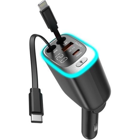 4-in-1 USB-C PD-Autoladegerät – Schnellladegerät mit einziehbarem Kabel – Kfz-Adapter kompatibel mit iPhone 16 Pro Max, Samsung, Xiaomi, iPad, AirPods (1/5)
