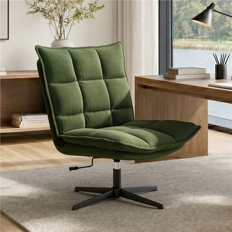 Yaheetech Chaise de Bureau en Velours Côtelé Pivotante 360° Fauteuil de Salon sans Accoudoirs Inclinable 4 Positions, Ajustable en Hauteur, sans Roulettes, pour Salon Chambre (Vert) (1/5)