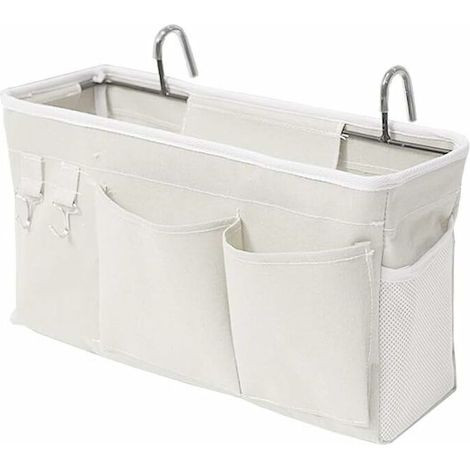 Bed Organizer Bed Bag with Hooks Hanging Pocket Loft Bed Storage Bag for Book, Magazine, Cell Phone, Headphone Bed Storage (White) (1/5)