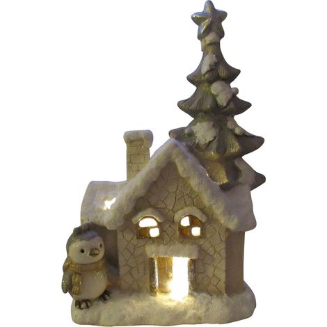 Light Up Christmas House Ornament (Xmas Snowy Winter Decoration Penguin Figurine) (1/4)