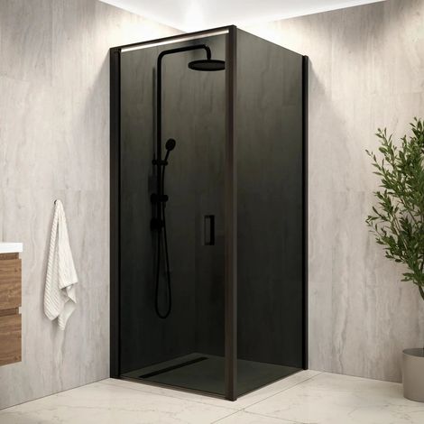 Vela Duschkabine 90 x 200 cm – Schwarz – Luxuriöse, begehbare Duschabtrennung mit hochwertiger, leicht zu reinigender Glastechnologie – Rauchglas – Elegante, wasserdichte Badezimmerlösung (1/5)