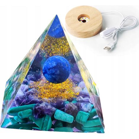 Piramide in orgonite + base per lampada a LED, amuleto con pietre di cristallo da 5 cm, HX21 (1/5)