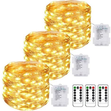 Set of 3 Battery Operated String Lights, 10M 100 LED Battery Operated LED String Lights with Remote Control, 8 Modes, Timer Function, IP65 Waterproof String Lights, Indoor/Outdoor Decoration for Bedro (1/5)