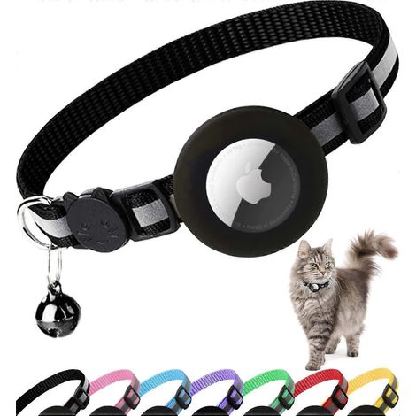 Collier pour chaton Airtag à ouverture facile, réfléchissant, avec porte-étiquette Apple Air Tag et clochette, pour chats mâles et femelles, 1 cm de largeur et léger (noir) (1/5)