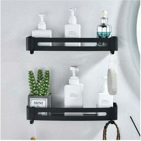 2 estantes sin perforaciones, almacenamiento de espacio de aluminio negro, herrajes para baño, colgante, duradero, no emulsionante