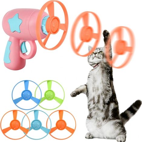 Interaktiver Frisbee für Hunde und Katzen mit Abschussvorrichtung und 5 farbigen Scheiben (rosa)