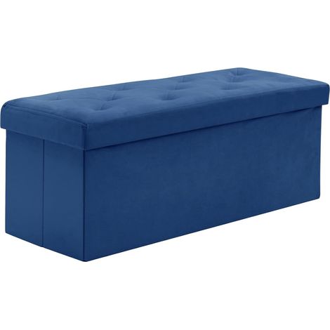Pouf Rangement Pliable 110x 40x 40cm, Coffre de Rangement Repose Pieds et Bout de Lit, Banc Coffre en Velours avec Couvercle, Tabouret pour Salon Chambre Entrée, Bleu (1/5)