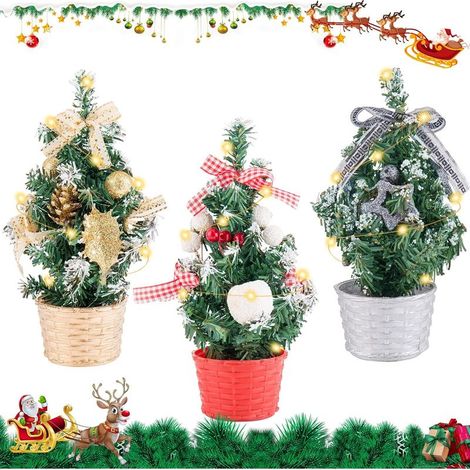 Mini árbol de Navidad artificial, 3 piezas de 20 cm, mini árbol de Navidad de mesa con luces, árbol de Navidad con luces LED, mini árbol de Navidad decorado con adornos, bolas y lazo. (1/4)