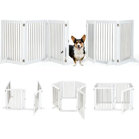 COSTWAY 6-teiliges Absperrgitter Hunde, Freistehendes Hundegitter mit Tür & 4 Stützfüssen, 80cm hoch, Klappbarer Schutzgitter, Treppengitter aus Holz und Edelstahl, für Kamin Treppe Weiss (1/5)