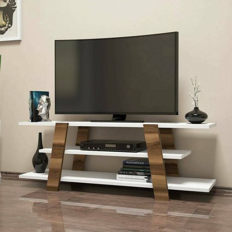 Dmora - Fernsehschrank Doukhadd, Ständer für Wohnzimmerfernseher, Niedriges Wohnzimmer-Sideboard, TV-Ständerbasis, 120x34h42 cm, Walnuss und Weiß (1/4)