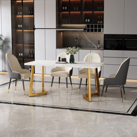 Table à manger rectangulaire 117x68 cm - Table de cuisine moderne plateau MDF effet marbre et pieds en fer doré (1/5)