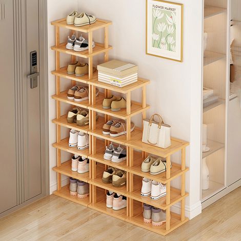 Vertikales Schuhregal mit 8 Ebenen, schmales Schuhregal aus Holz, kleiner Schuh-Organizer, platzsparendes Eckschuhregal, hoher Schuhturm, freistehendes Schuhregal für Eingangsbereich, Schrank, kein We