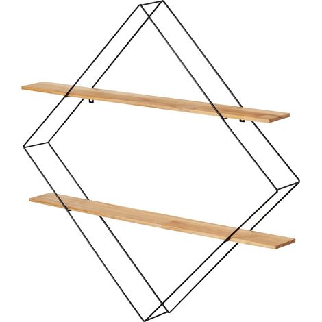Étagère murale, étagère angulaire, cadre en métal verni noir en forme de losange, avec 2 rayons en bois de pin naturel, design industriel, 56 x 56 x 10 cm, noir/marron (1/5)