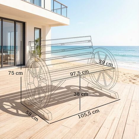 Banc de jardin en sapin à l'aspect vieilli avec accoudoirs en forme de roue de charrette, 2 à 3 places, style rustique (1/5)