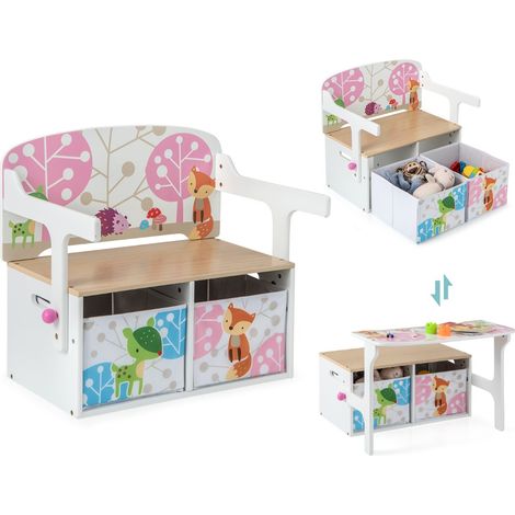 Panchina attività convertibile per bambini, Set tavolo e sedie per bambini con 2 cassetti in tessuto rimovibili Bianco (1/4)