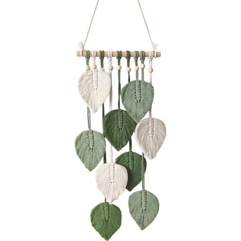 Tapiz bohemio con motivos de hojas, plumas tejidas a mano y borlas de hilo decoración de pared tejida ideal para la habitación de un bebé, dormitorio, sala de estar, apartamento o como telón de fondo. (1/5)